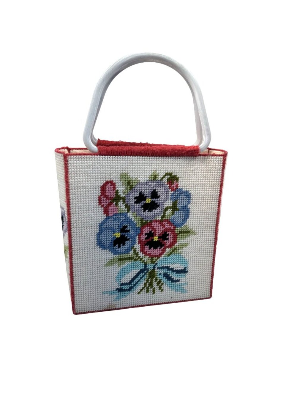 Vtg Floral Needlepoint Handbag White Plastic Handles Handmade Pink Pansy Pansies
